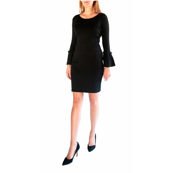 NINA LEONARD | Ribbed Knit Bell Sleeve Sweater Above- Knee Round Neckline Dress - Picture 5 of 16